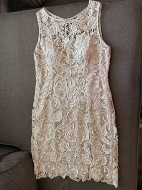 Cache Cream Lace Dress with Floral Crochet Overlay